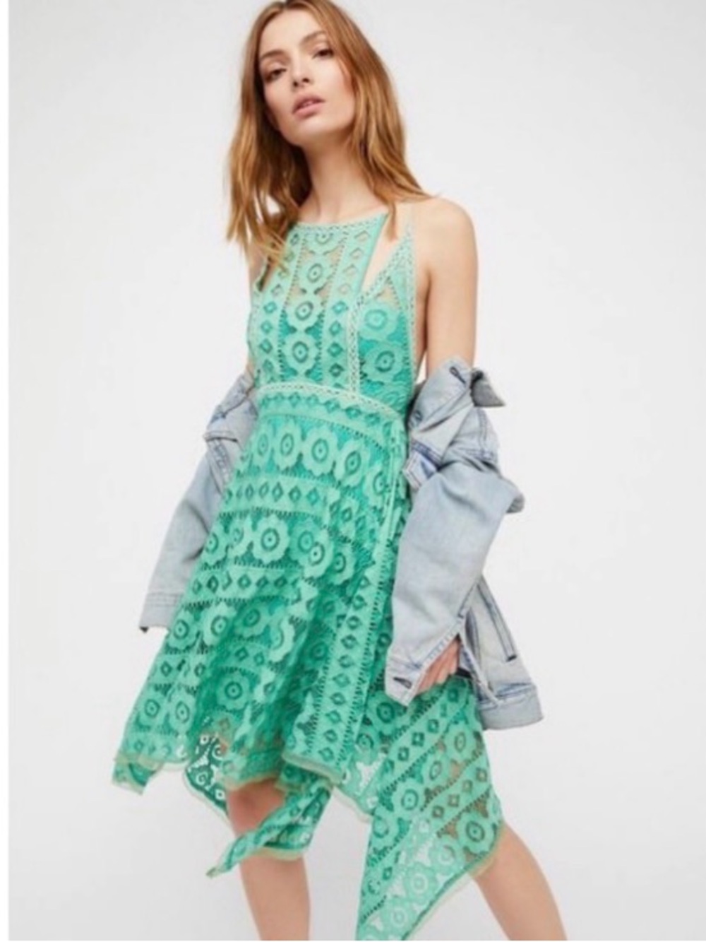 Free People just like honey Mint Green Lace Asymmetrical Slip Dress. Work once